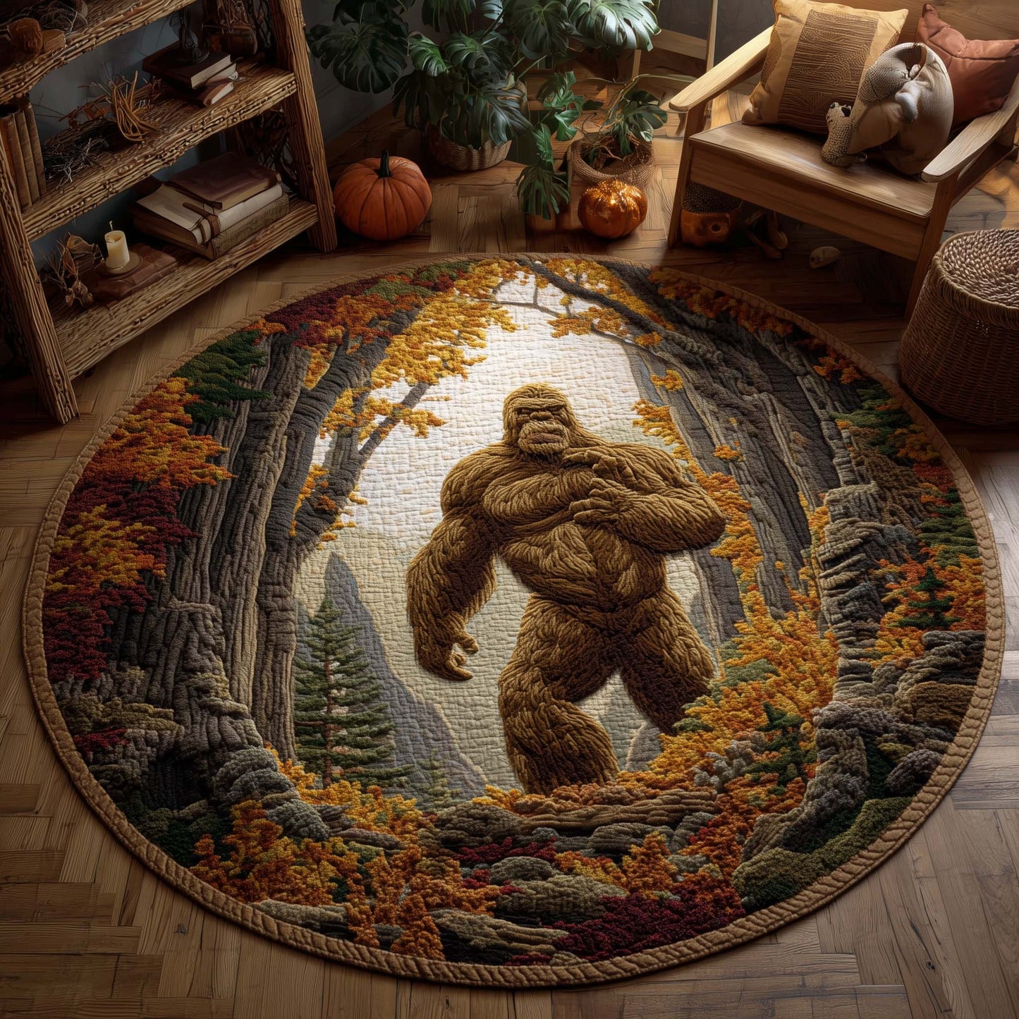 Bigfoot in Autumn Hollow Quilted Round Mat GFTOHD11447