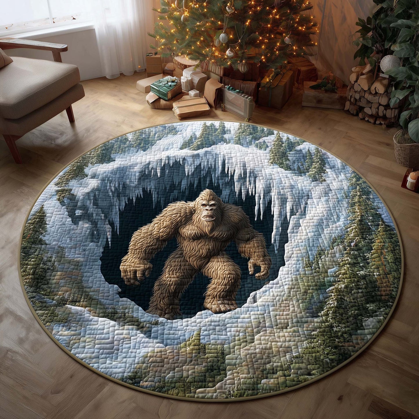 Bigfoot in Frozen Cave Quilted Round Mat GFTOHD11448