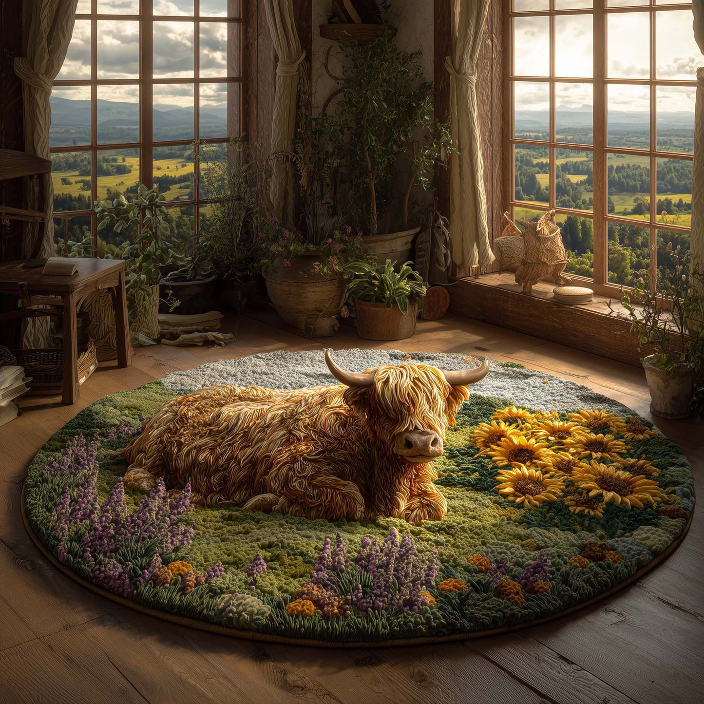 Highland Cow in Meadow Quilted Round Mat GFTOHD11472