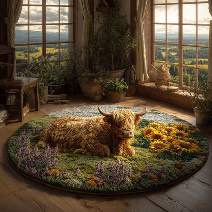 Highland Cow in Meadow Quilted Round Mat GFTOHD11472