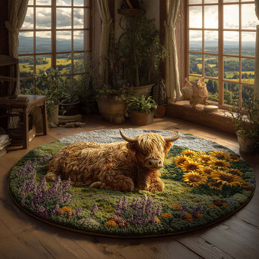 Highland Cow in Meadow Quilted Round Mat GFTOHD11472