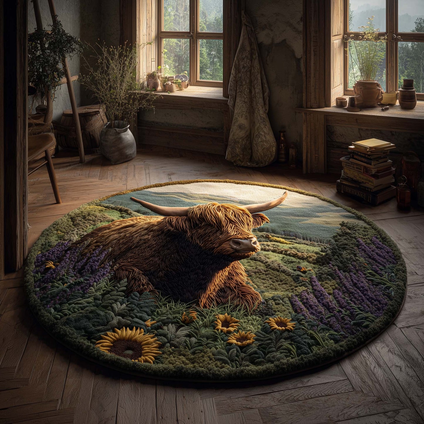 Highland Cow in Meadow Quilted Round Mat GFTOHD11473