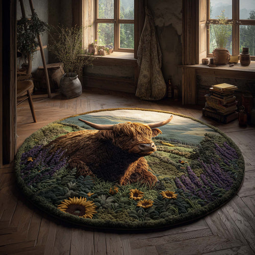 Highland Cow in Meadow Quilted Round Mat GFTOHD11473