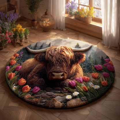 Spring Highland Cow Quilted Round Mat GFTOHD11474