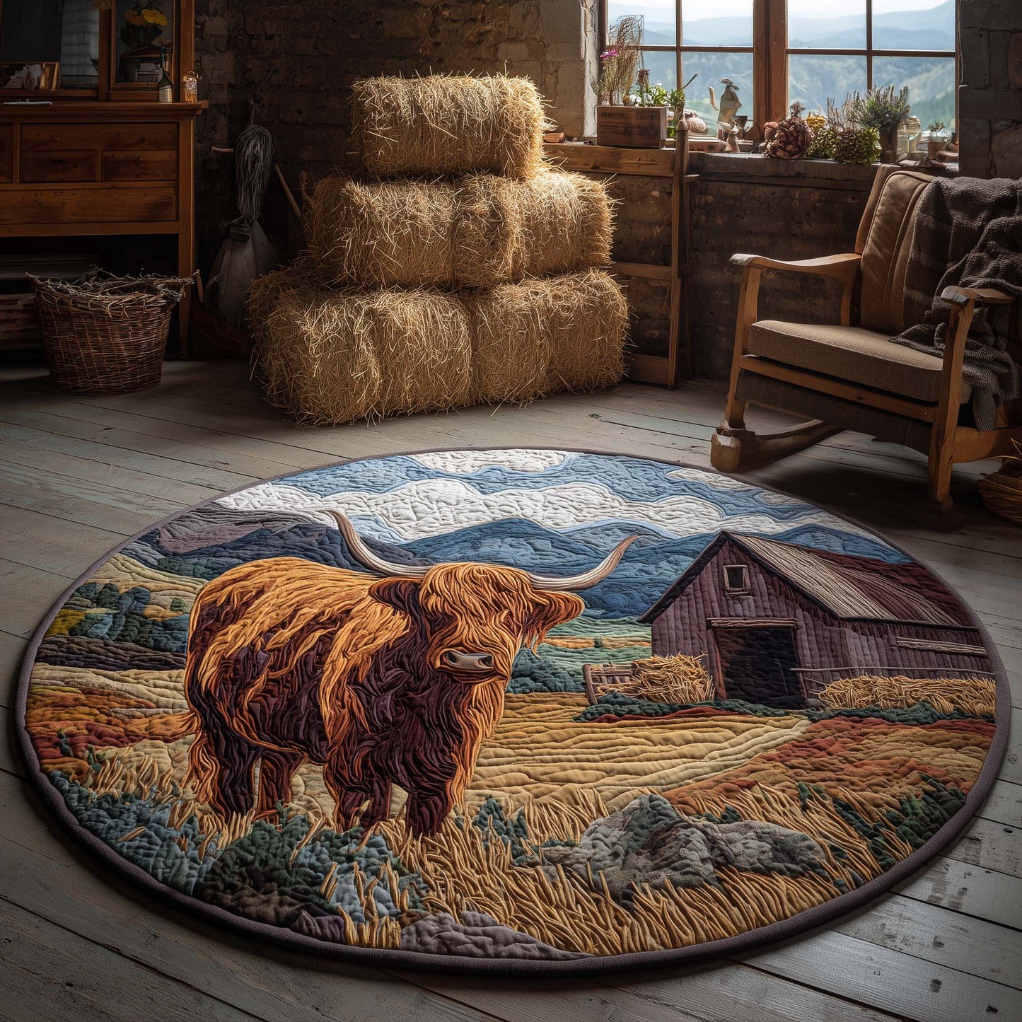 Farmhouse Highland Cow Quilted Round Mat GFTOHD11480