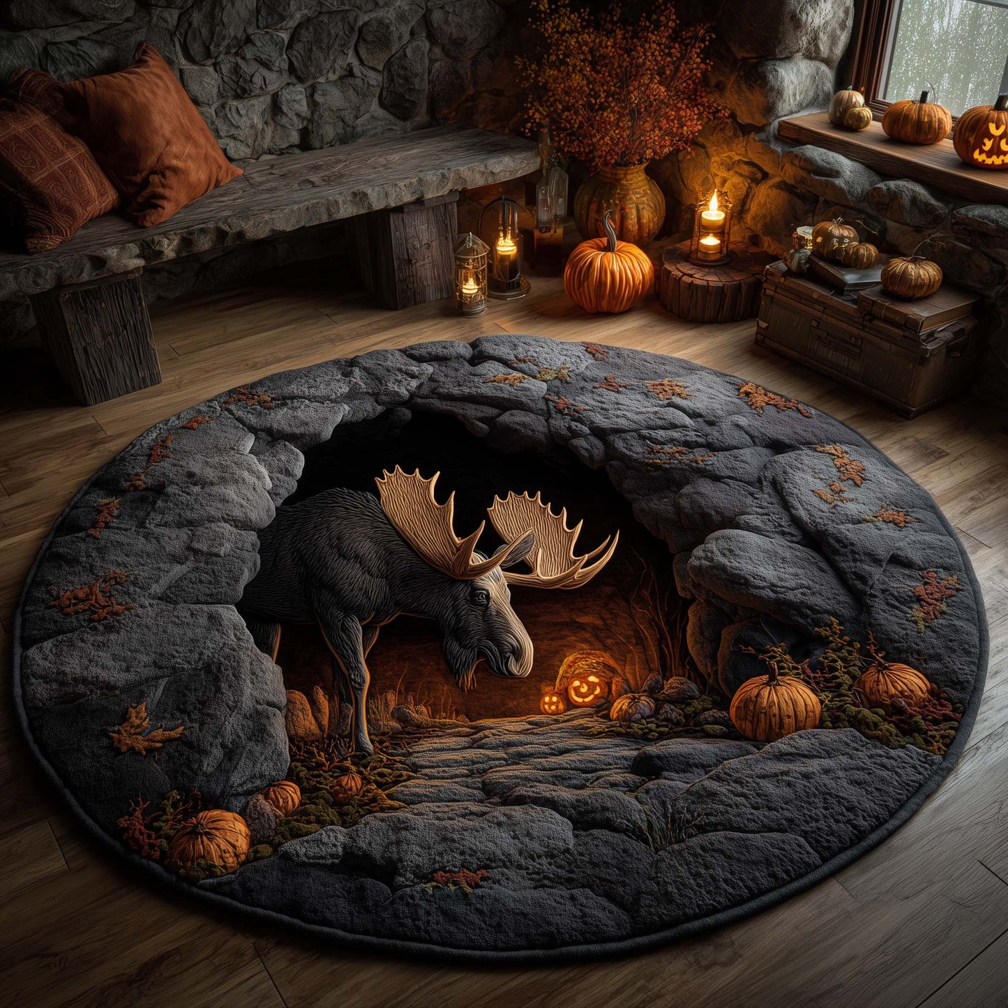 Halloween Cave Moose Quilted Round Mat GFTOHD11579