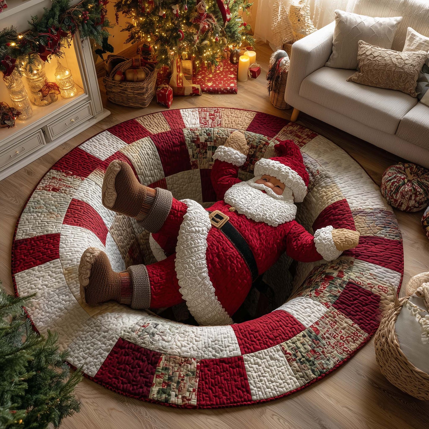 Stocking Stuck Santa Quilted Round Mat GFTOHD11652