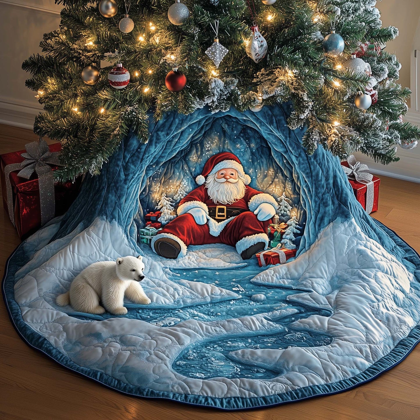 Santa in Ice Cave Quilted Tree Skirt GFTOHD11668