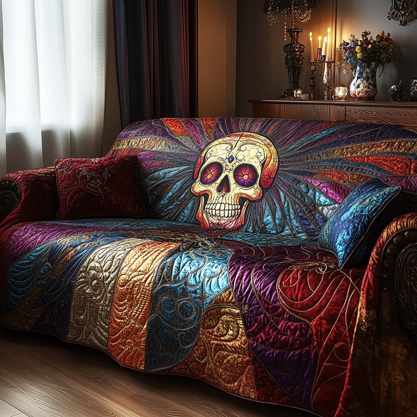 Gothic Cathedral Skull Quilted Sofa Cover GFTOHD11771