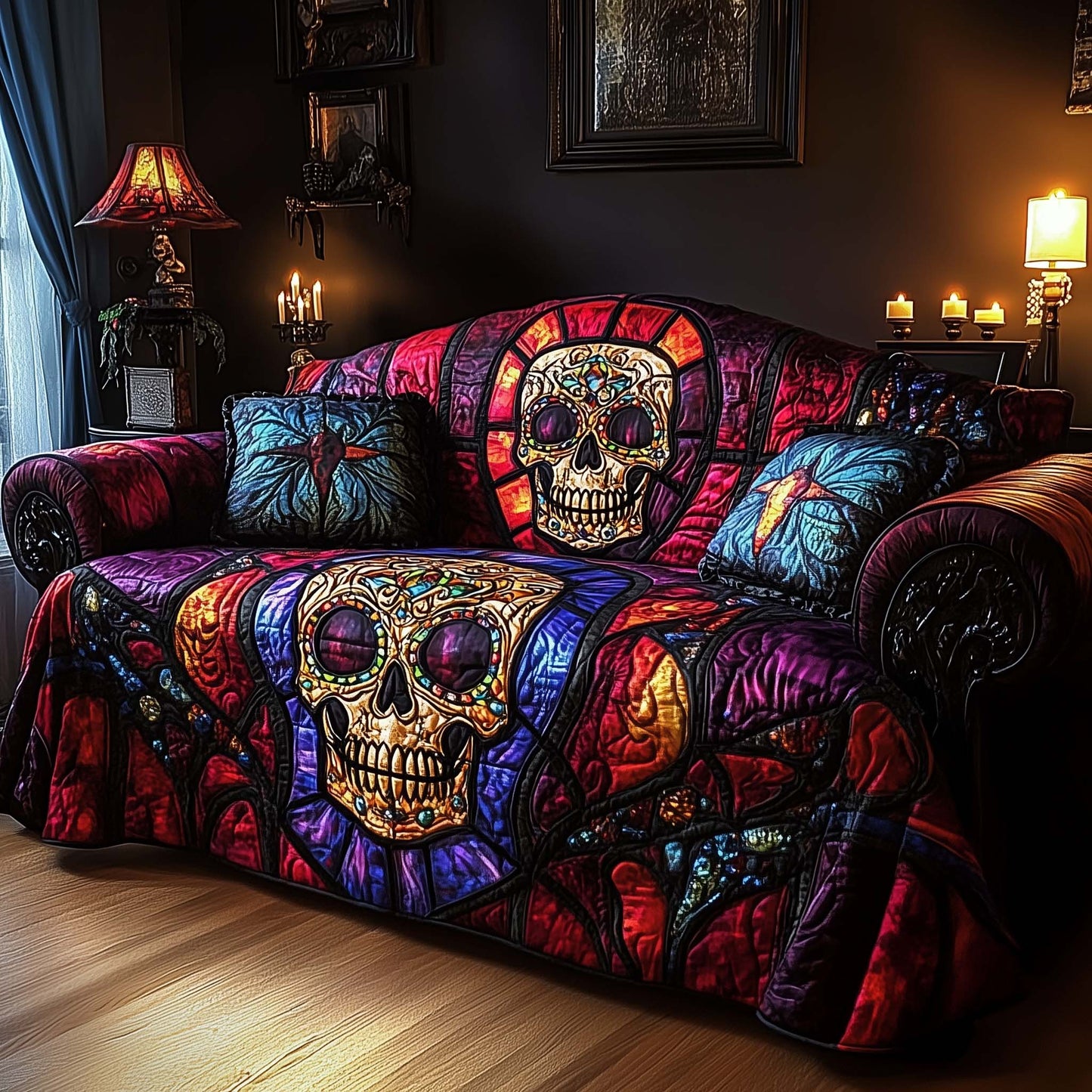 Gothic Cathedral Skull Quilted Sofa Cover GFTOHD11772
