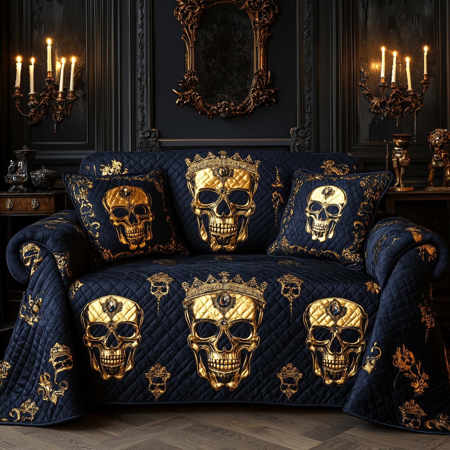 Royal Gold Skulls Quilted Sofa Cover GFTOHD11817