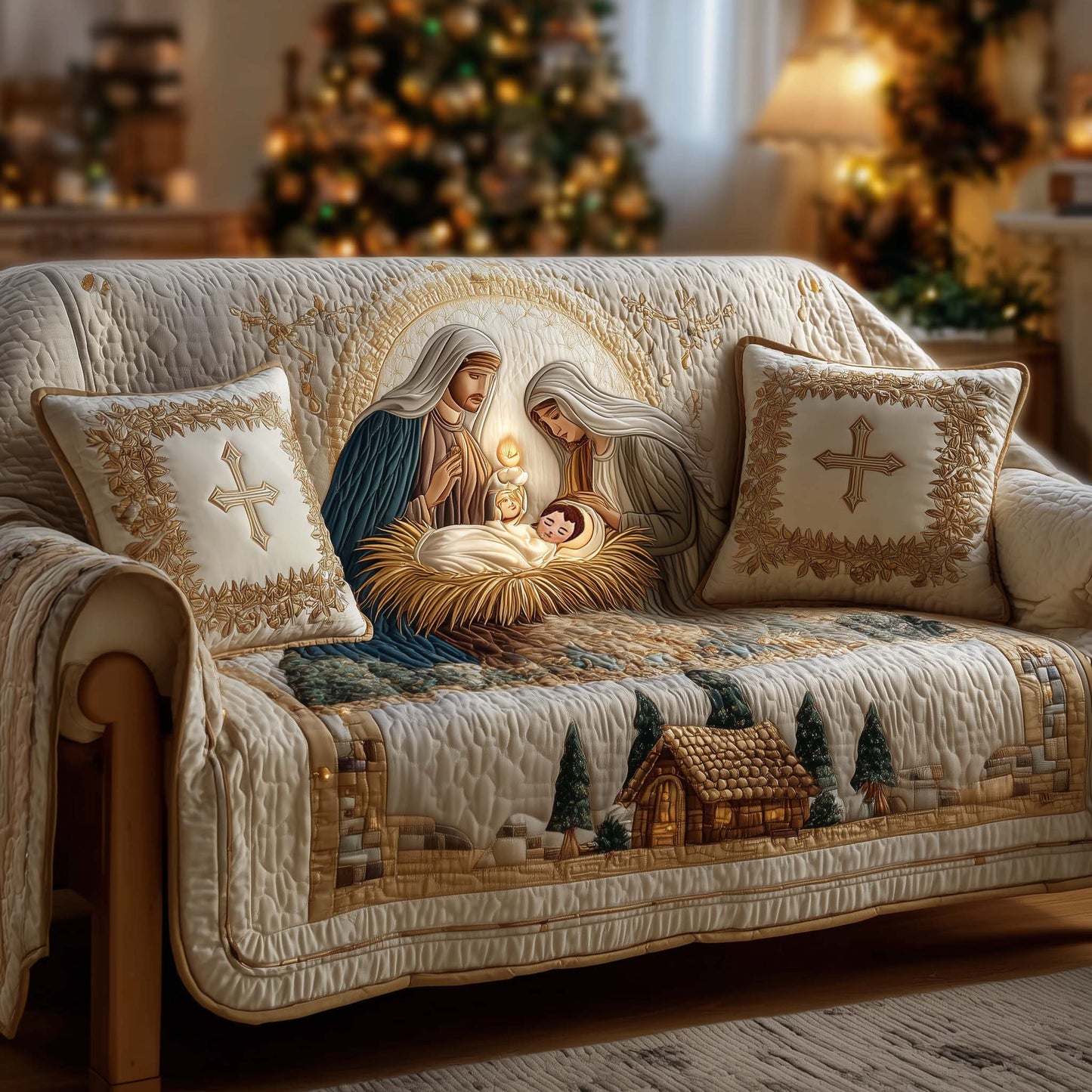 Peaceful Nativity Quilted Sofa Cover GFTOHD11845
