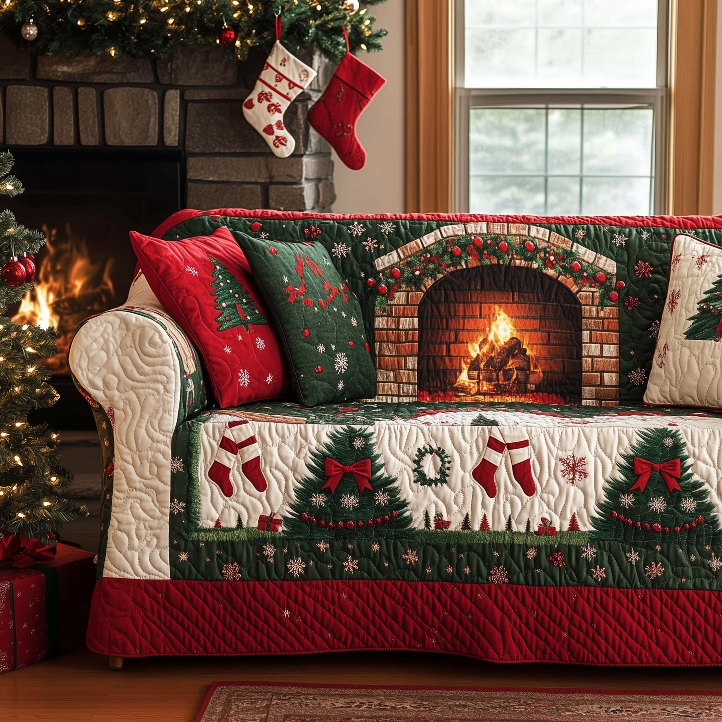 Christmas Fireplace Quilted Sofa Cover GFTOHD11958