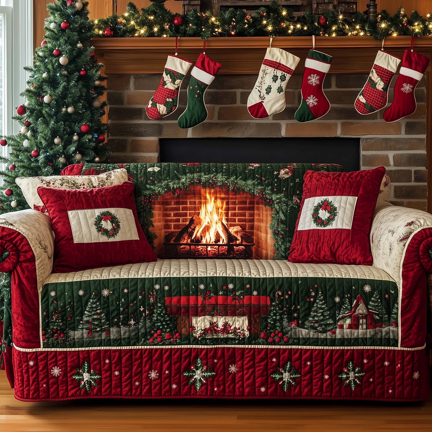 Christmas Fireplace Quilted Sofa Cover GFTOHD11959