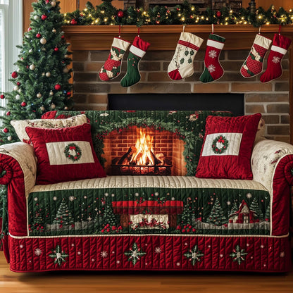 Christmas Fireplace Quilted Sofa Cover GFTOHD11959