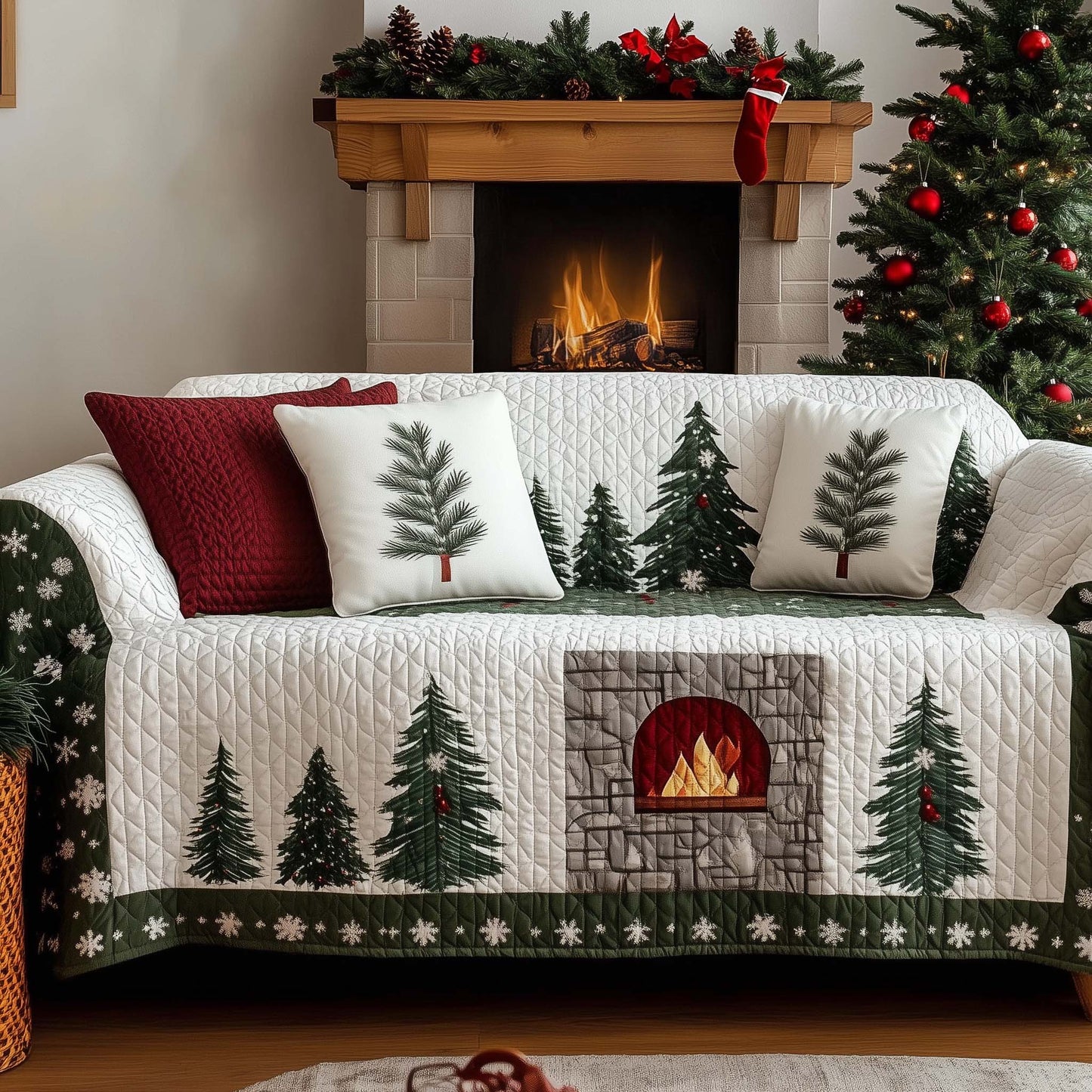 Christmas Fireplace Quilted Sofa Cover GFTOHD11960