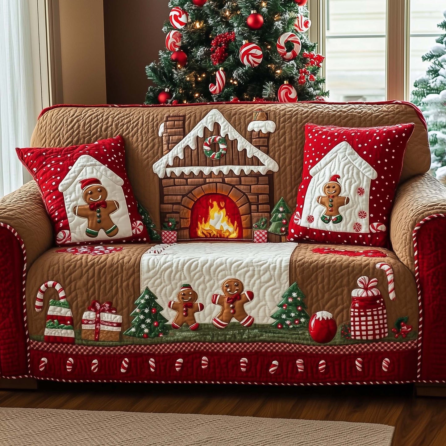 Christmas Fireplace Quilted Sofa Cover GFTOHD11961