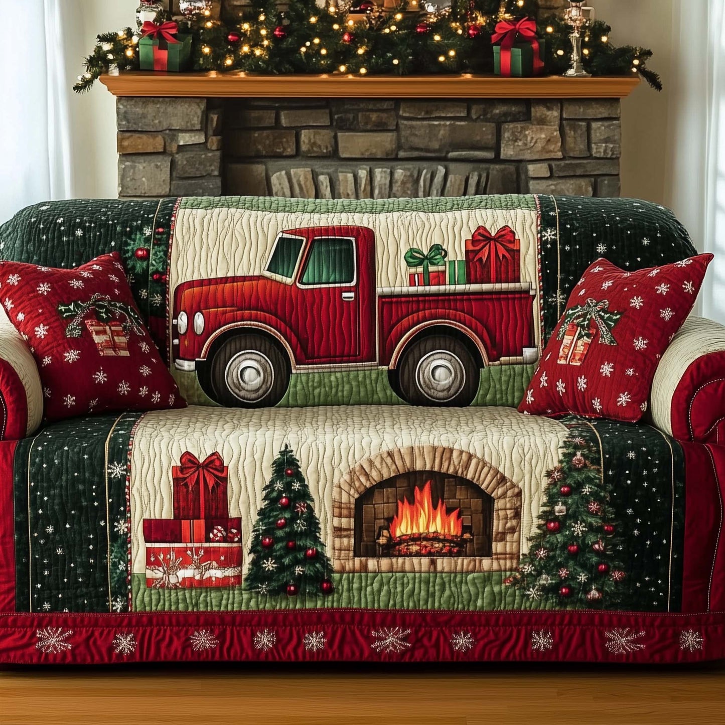 Christmas Fireplace Quilted Sofa Cover GFTOHD11964