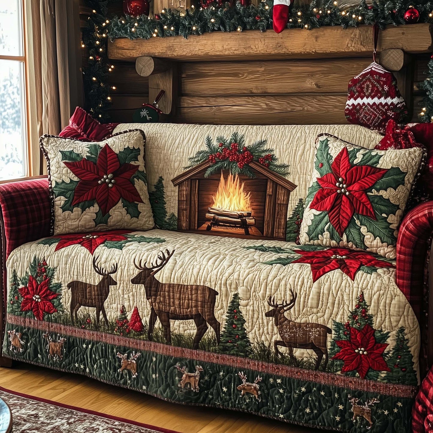 Christmas Fireplace Quilted Sofa Cover GFTOHD11967