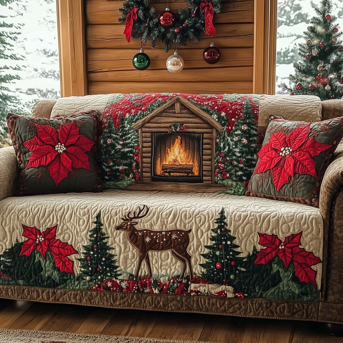 Christmas Fireplace Quilted Sofa Cover GFTOHD11968
