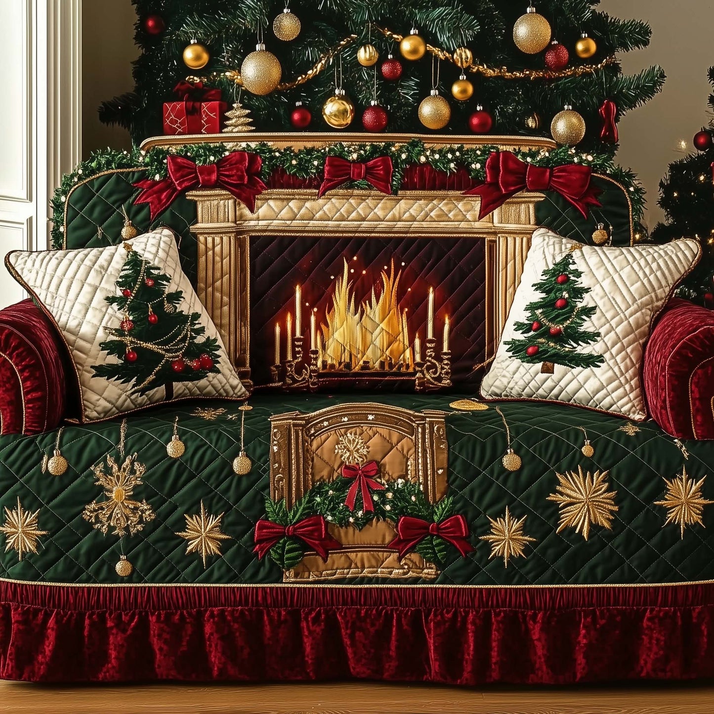 Christmas Fireplace Quilted Sofa Cover GFTOHD11969