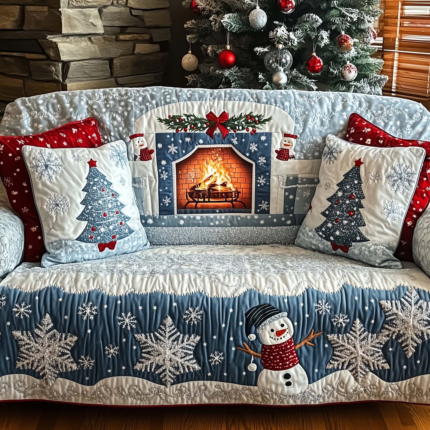 Christmas Fireplace Quilted Sofa Cover GFTOHD11970