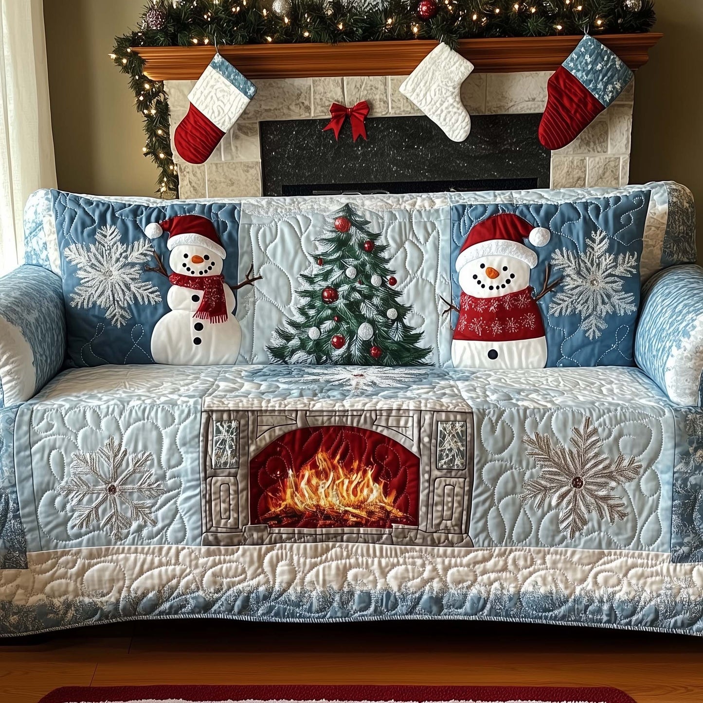Christmas Fireplace Quilted Sofa Cover GFTOHD11971