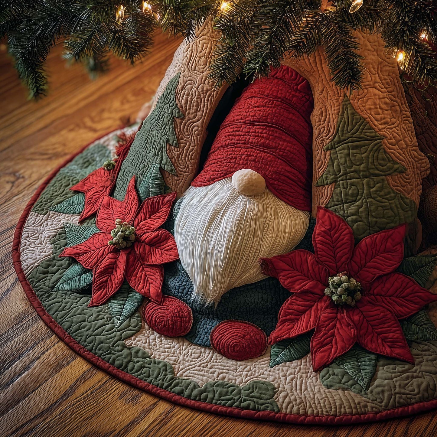 Gnome with Poinsettia Garden Quilted Tree Skirt GFTOHD12038