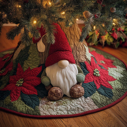 Gnome with Poinsettia Garden Quilted Tree Skirt GFTOHD12039