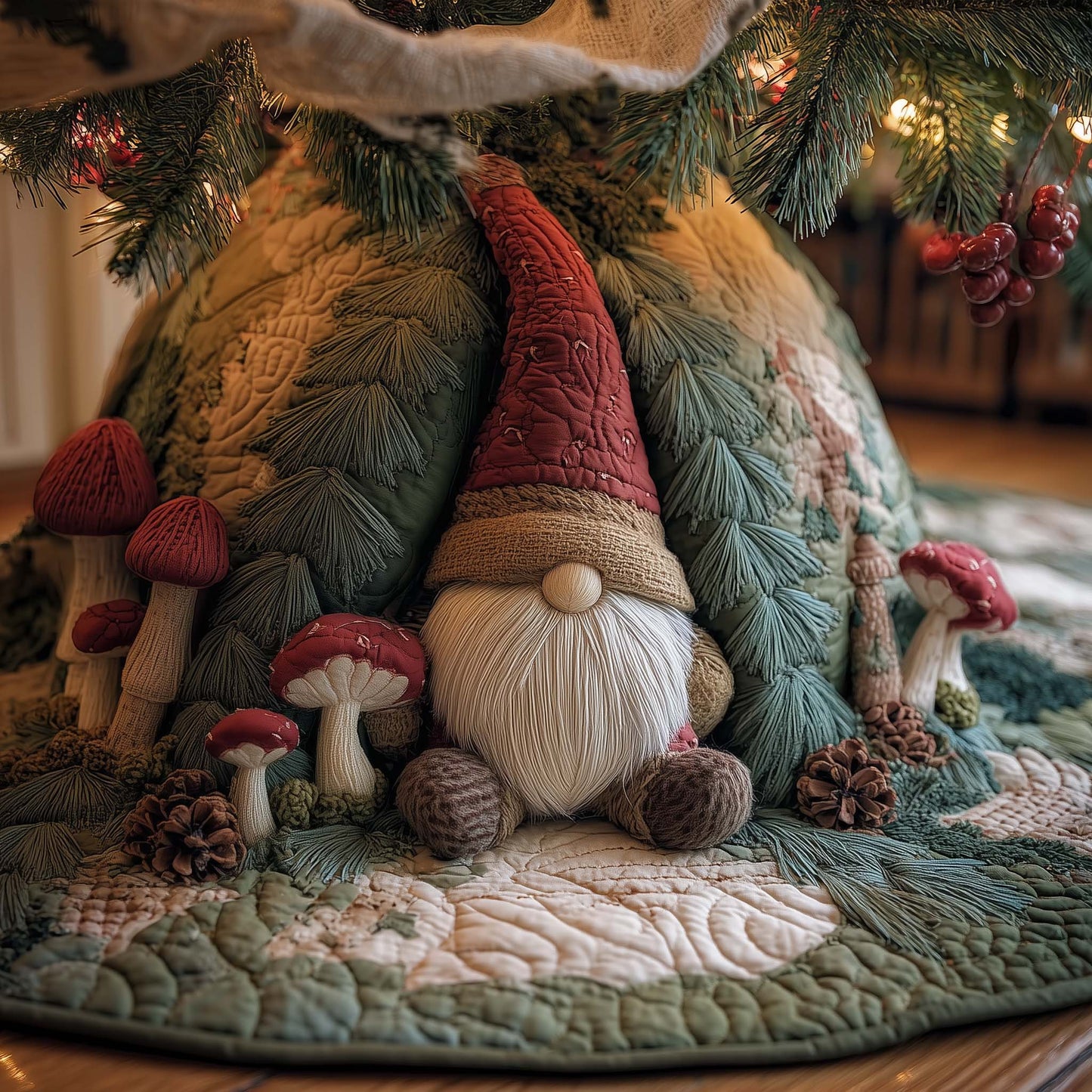 Mushroom Forest Gnome Quilted Tree Skirt GFTOHD12040