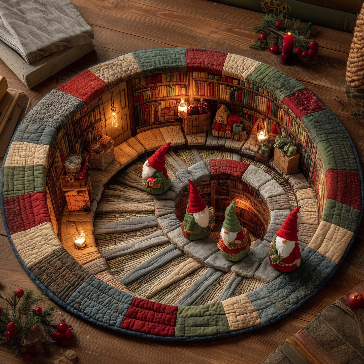 Gnome Spiral Library Quilted Round Mat GFTOHD12059