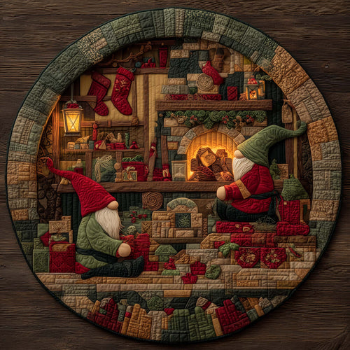 Gnome Fireplace Workshop Quilted Round Mat GFTOHD12061