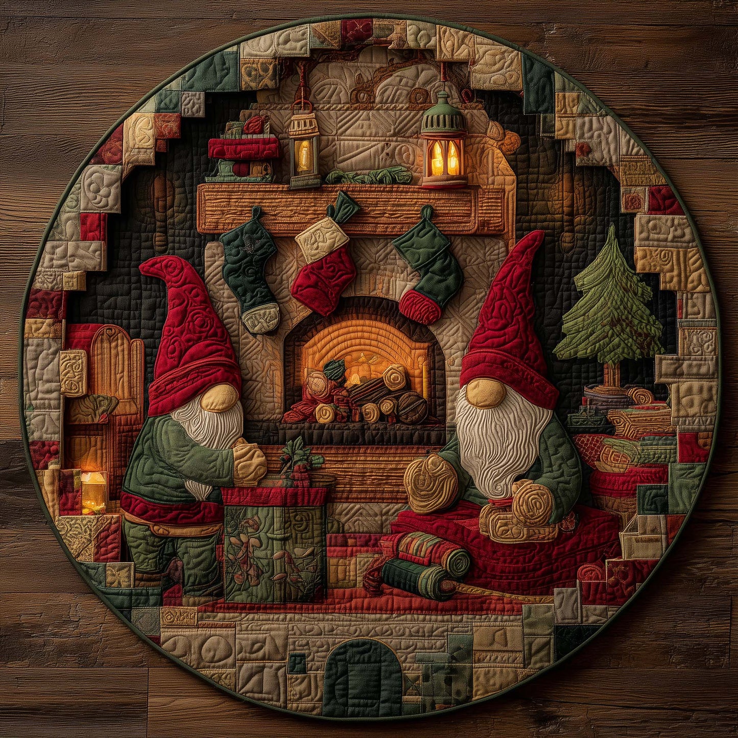 Gnome Fireplace Workshop Quilted Round Mat GFTOHD12062