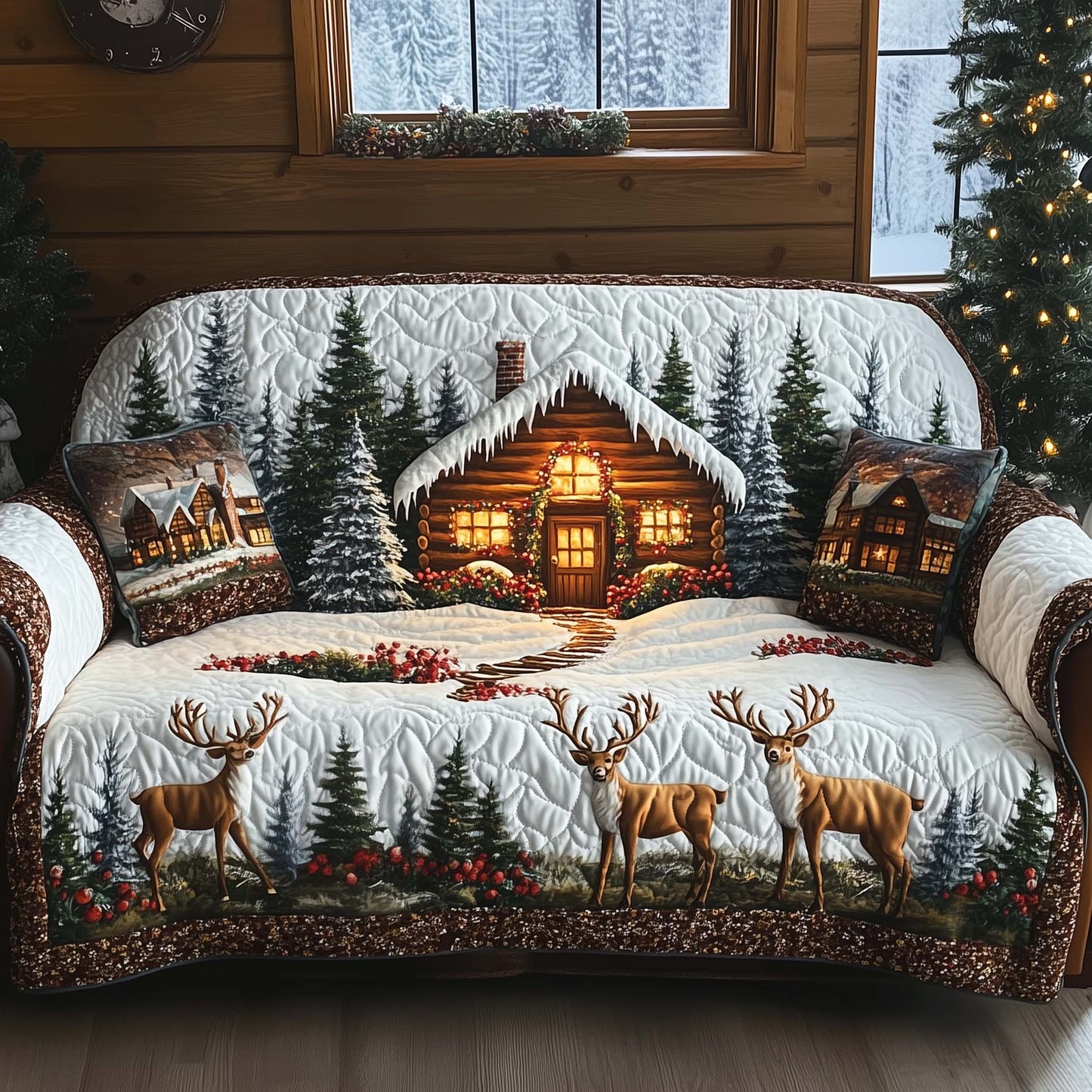 Peaceful Snow Cabin Quilted Sofa Cover GFTOHD12081