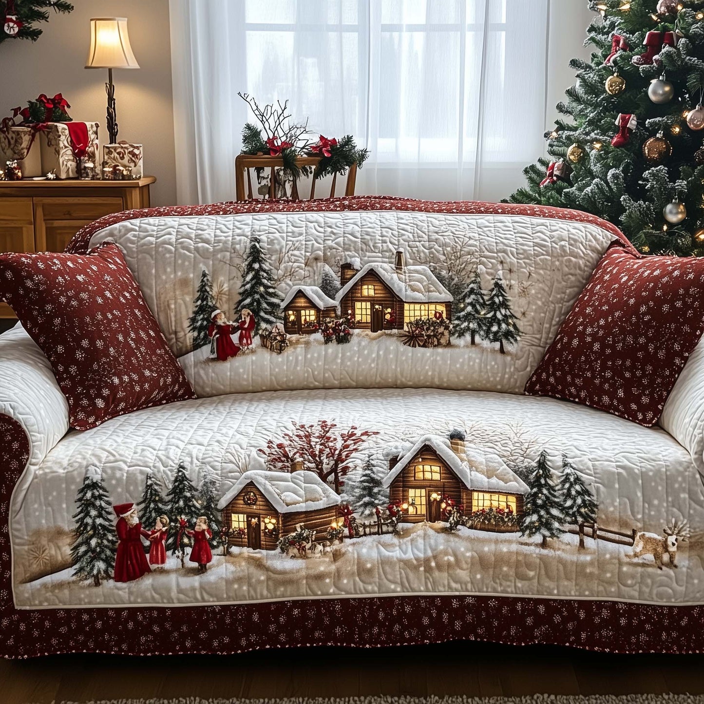 Peaceful Snow Cabin Quilted Sofa Cover GFTOHD12083