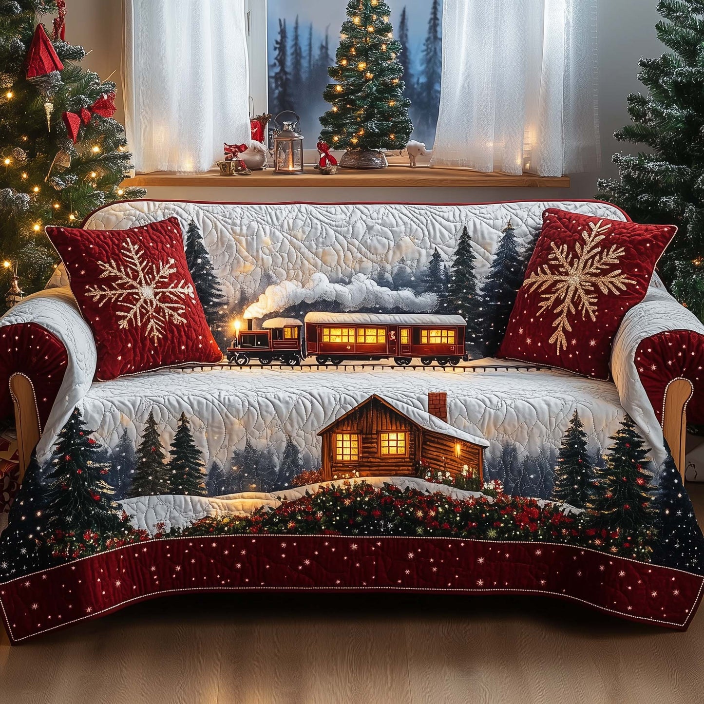 Peaceful Snow Cabin Quilted Sofa Cover GFTOHD12085