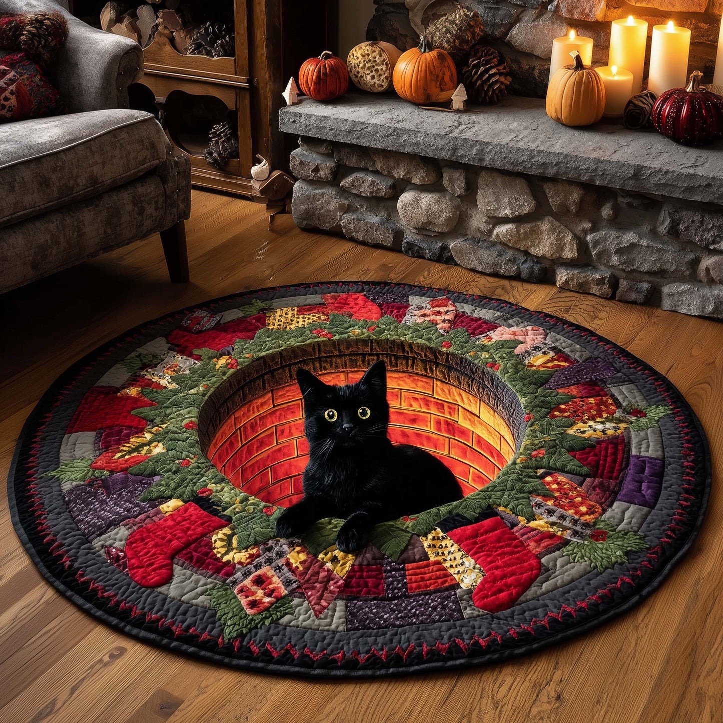 Midnight Magic Cat Quilted Round Mat GFTOHD12110