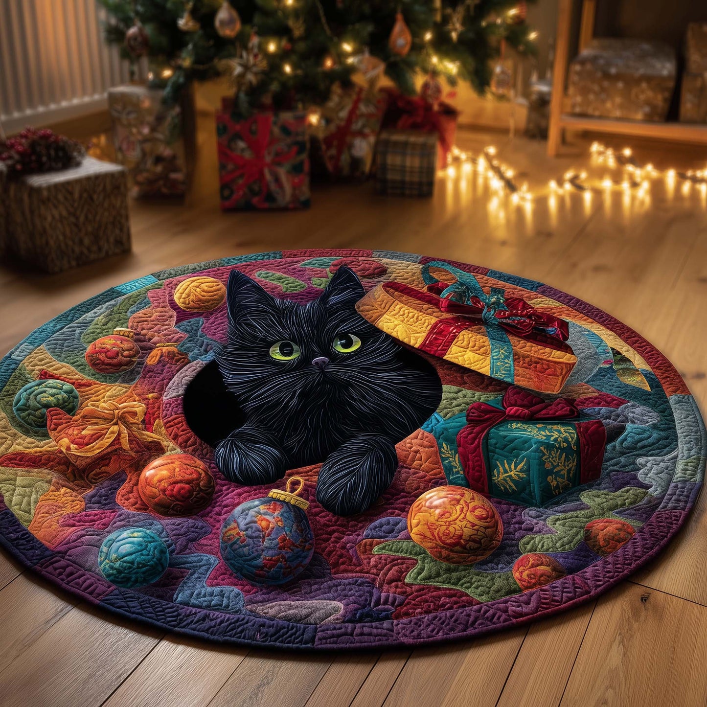 Midnight Magic Cat Quilted Round Mat GFTOHD12111