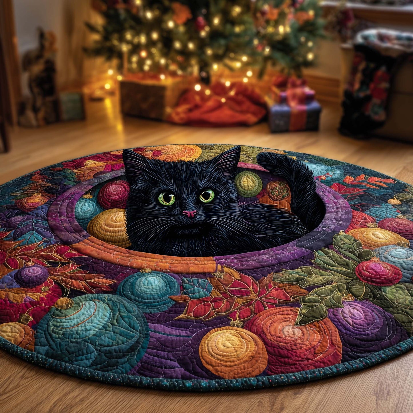 Midnight Magic Cat Quilted Round Mat GFTOHD12112