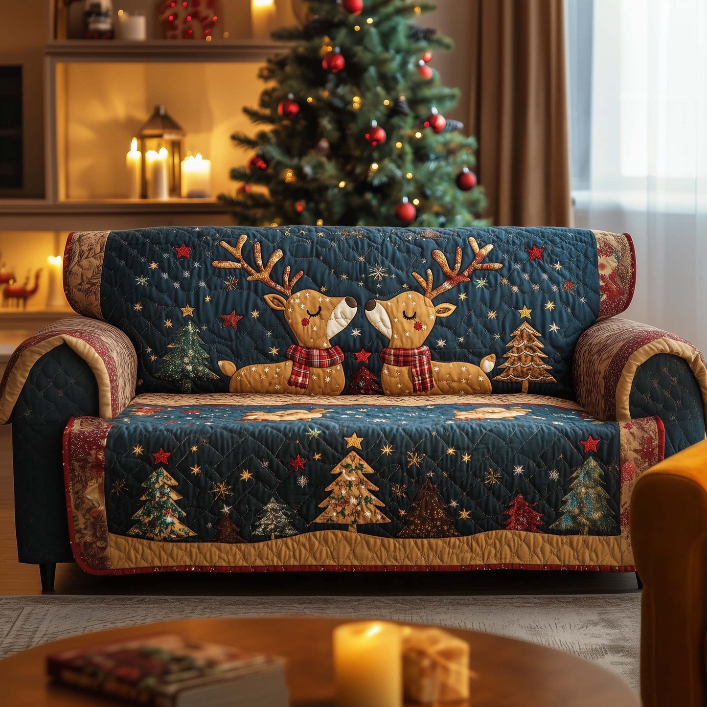 Reindeer Couple Quilted Sofa Cover GFTOHD12176