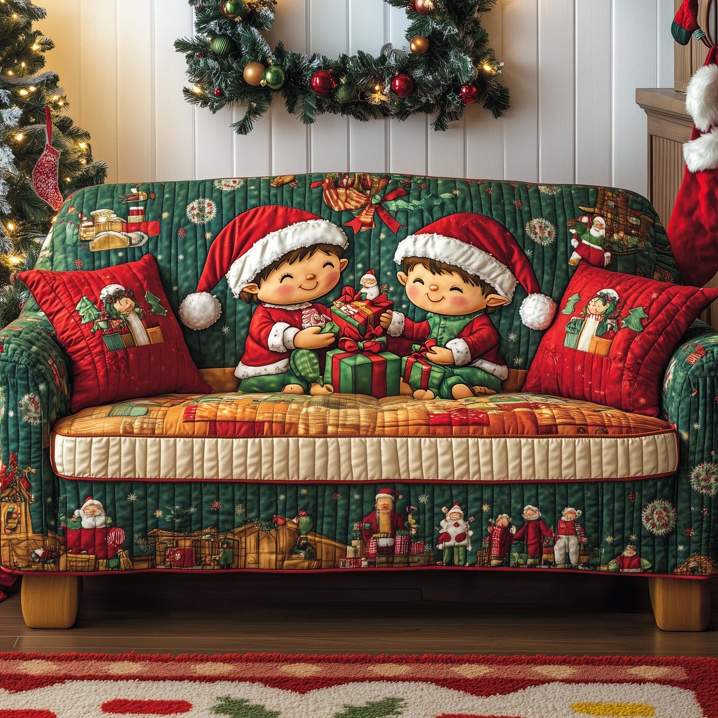 Christmas Elves Dou Quilted Sofa Cover GFTOHD12178