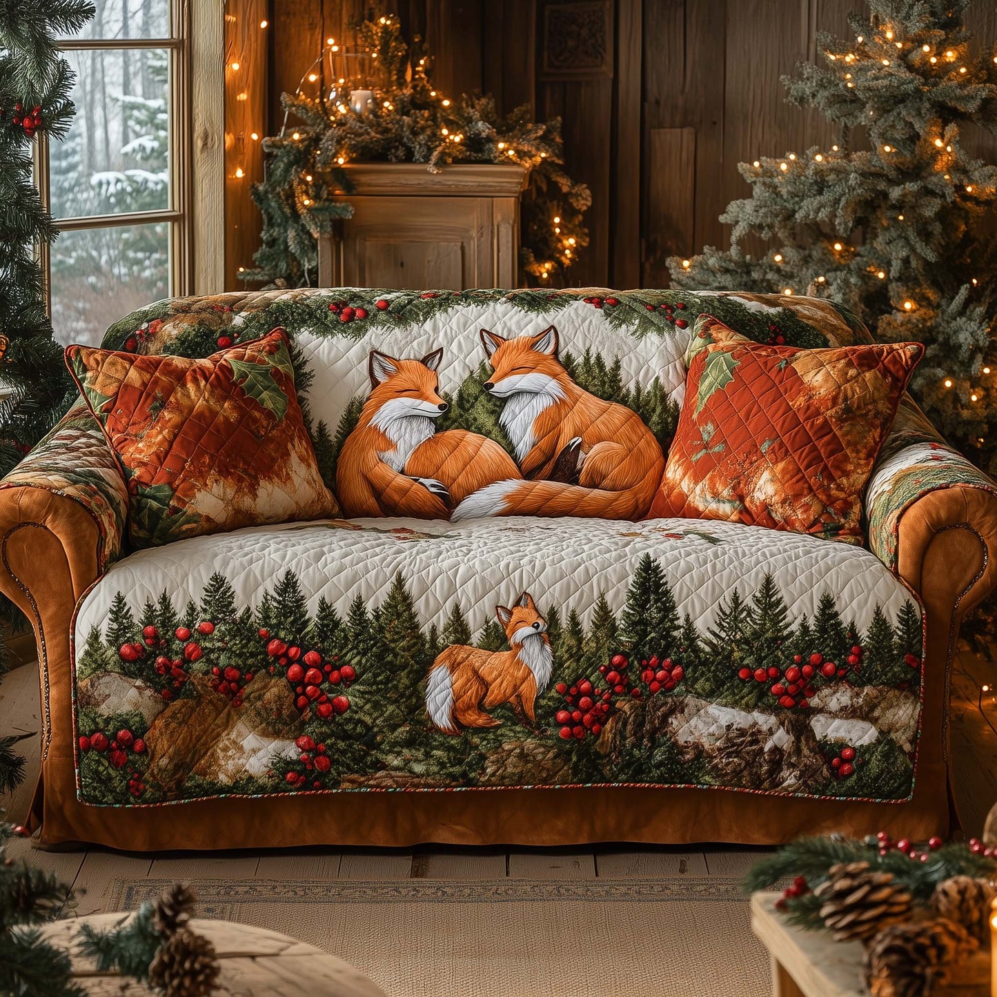 Winter Fox Couple Quilted Sofa Cover GFTOHD12194
