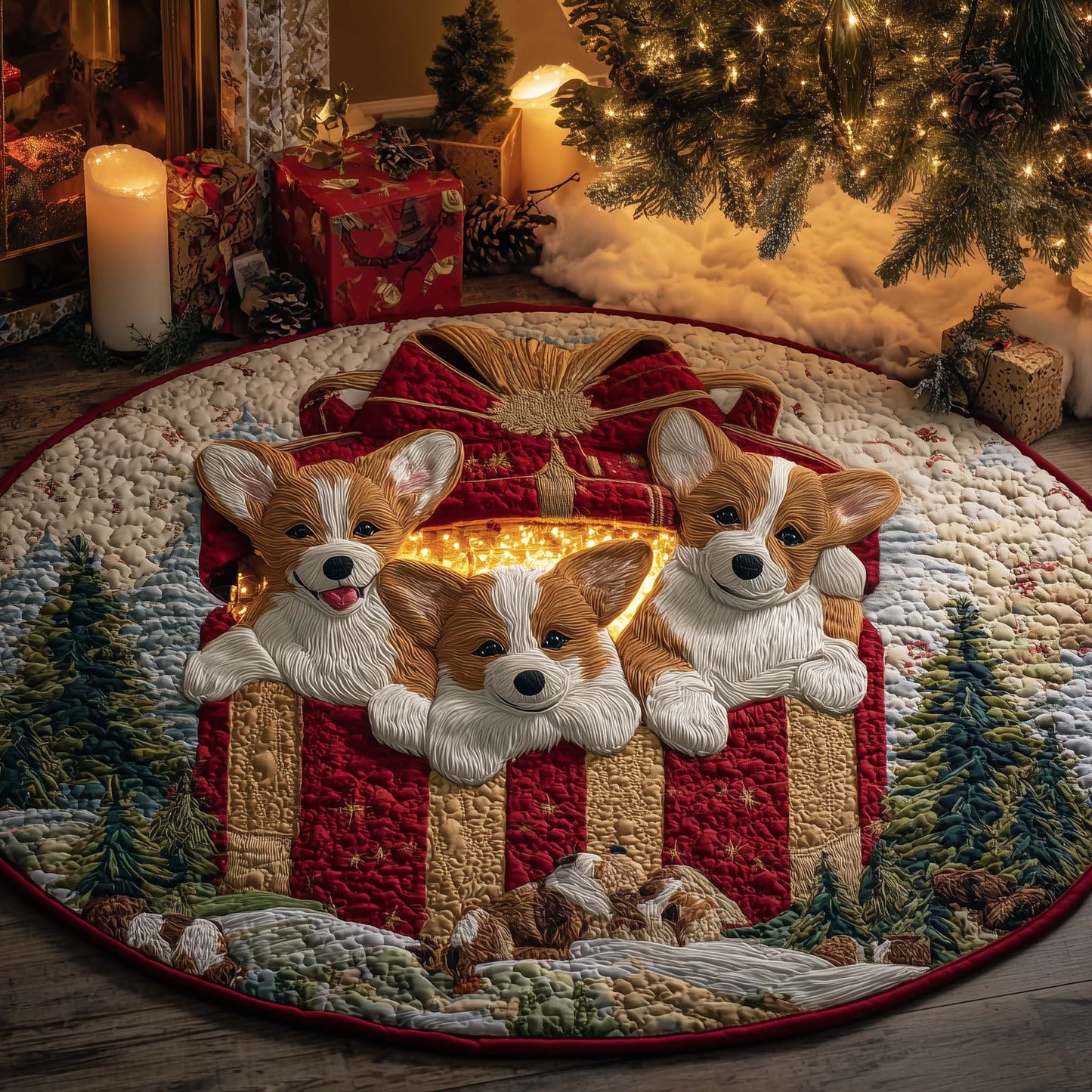 Festive Corgi Quilted Round Mat GFTOHD12198