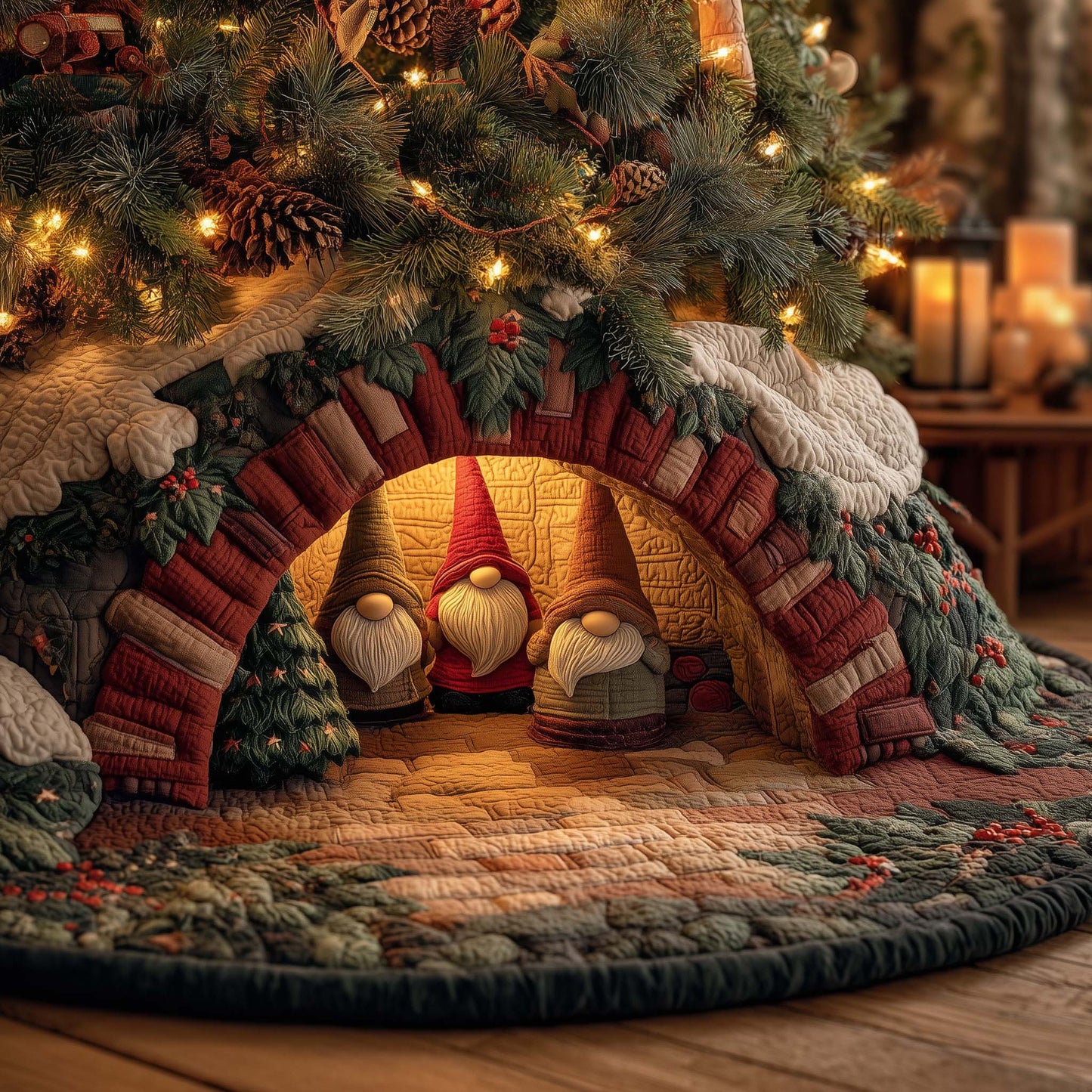 Christmas Gnomes Quilted Tree Skirt GFTOHD12269