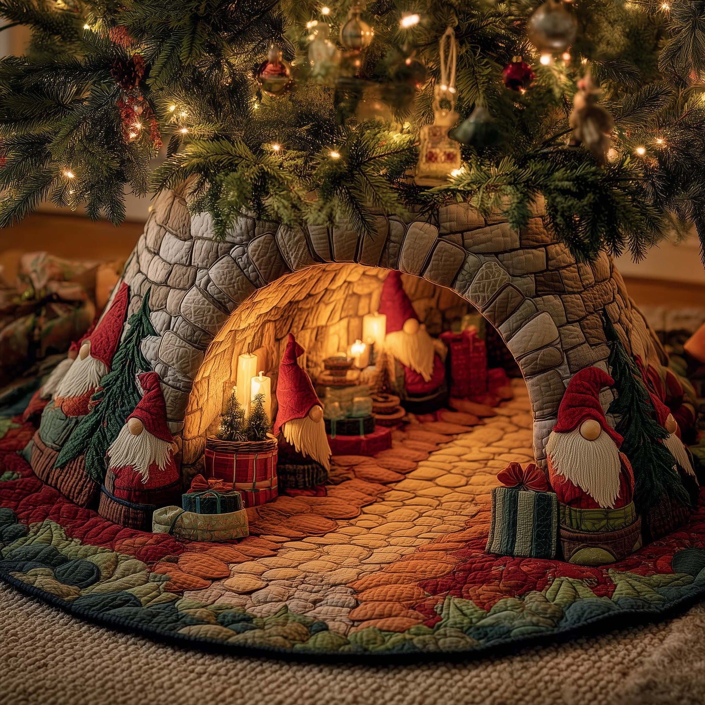 Christmas Gnomes Quilted Tree Skirt GFTOHD12273