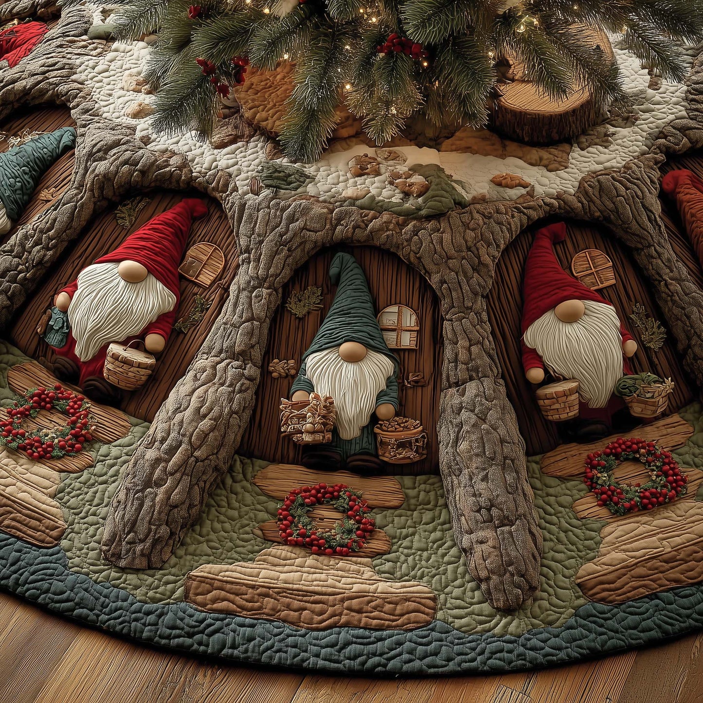 Christmas Gnomes Quilted Tree Skirt GFTOHD12376