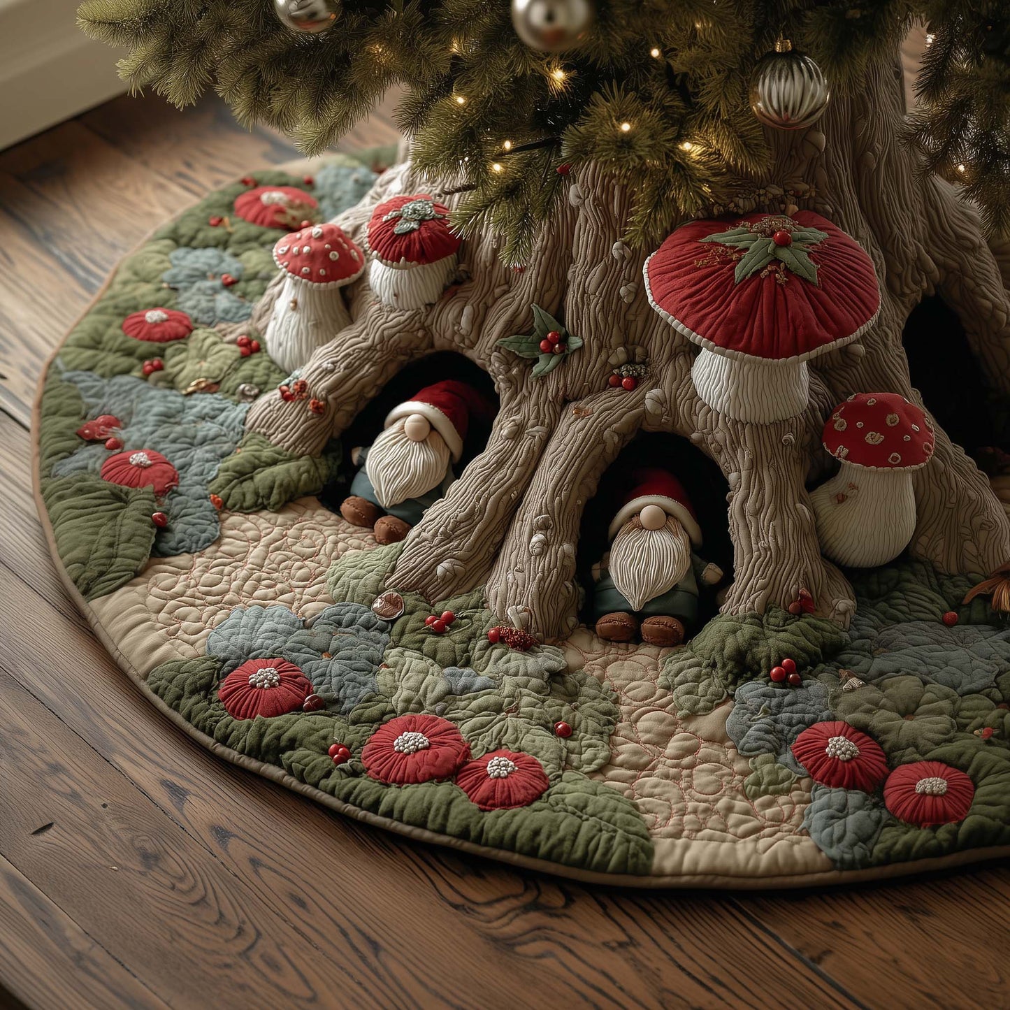 Christmas Gnomes Quilted Tree Skirt GFTOHD12378