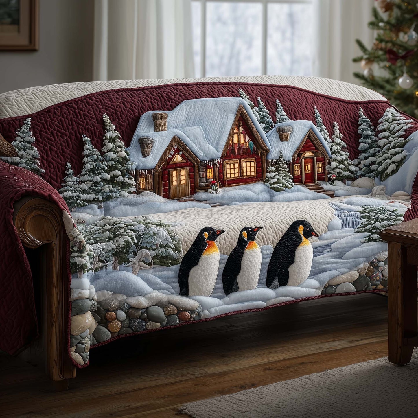 Festive Penguin Heaven Quilted Sofa Cover GFTOHD12455
