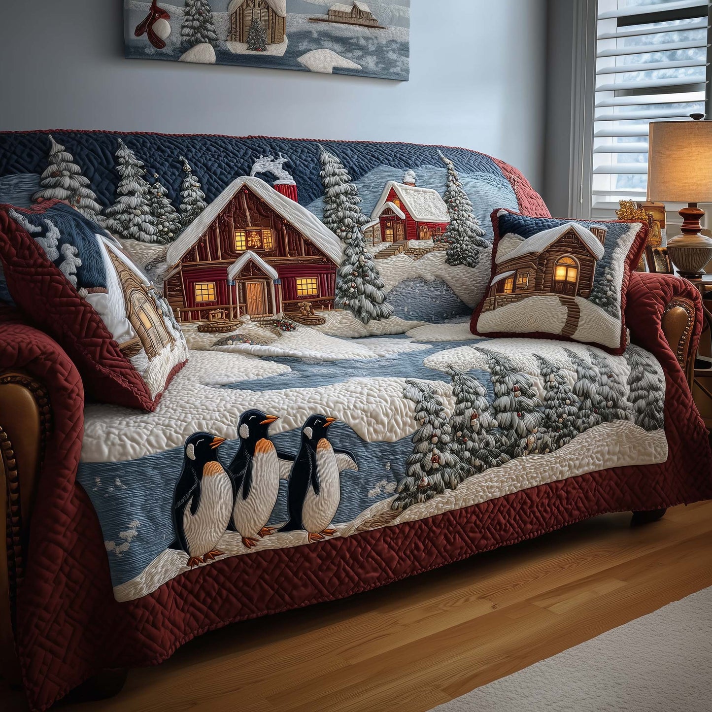 Festive Penguin Heaven Quilted Sofa Cover GFTOHD12456