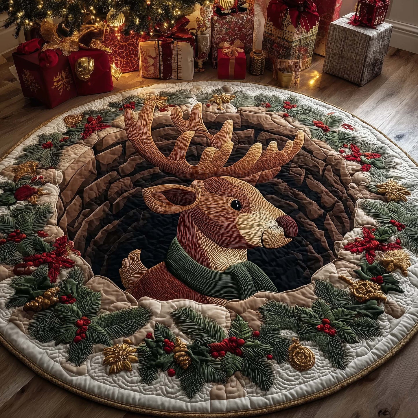 Reindeer Holiday Delight Quilted Round Mat GFTOHD12527